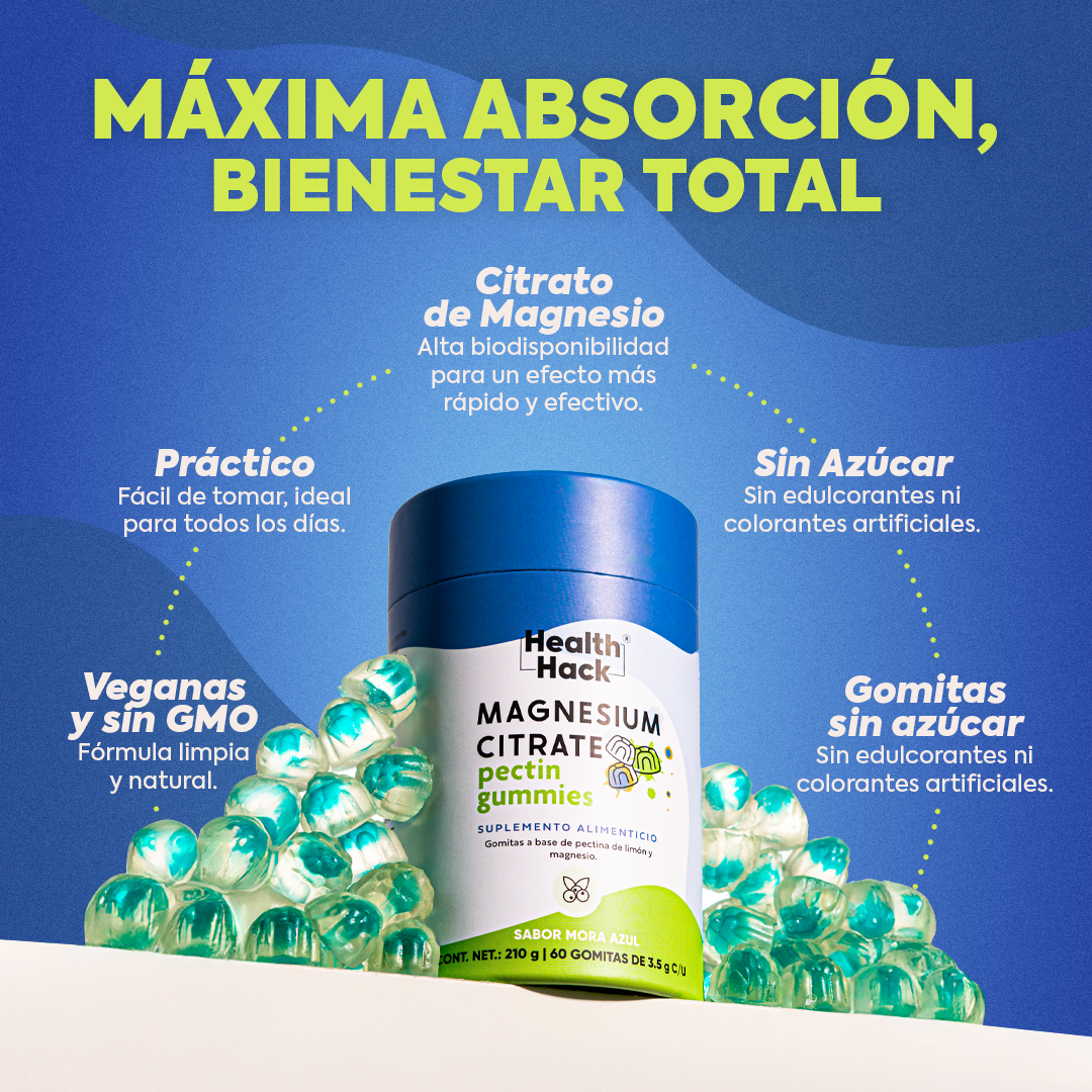 Health Hack Citrato de Magnesio en Gomitas Veganas - 180 o 60 Gomitas - Suplemento Sin Azúcar