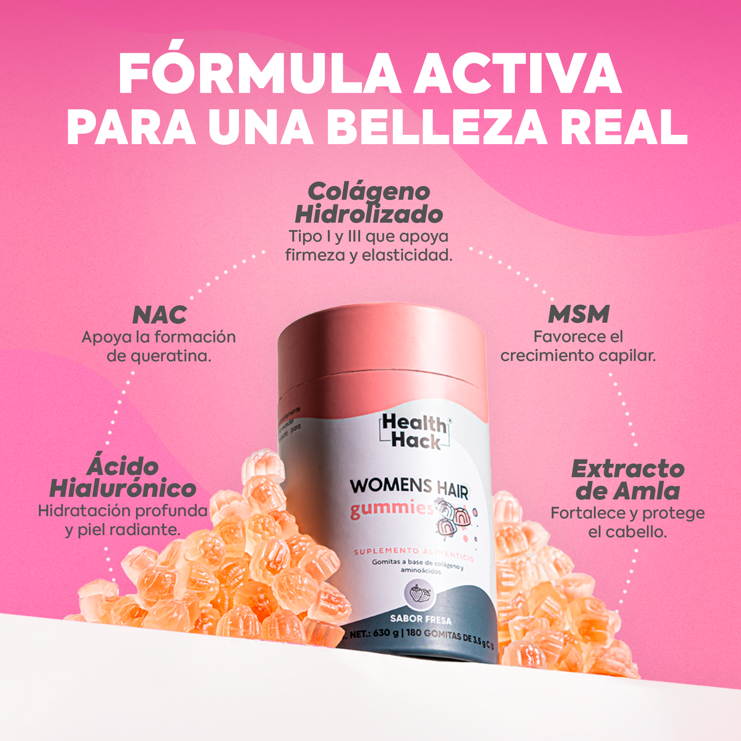 Womens Hair 180 o 60 Gomitas| Cabello, Piel y Uñas | Colageno Hidrolizado, NAC, MSM, L-Cisteina, Amla, Acido Hialuronico, Zinc
