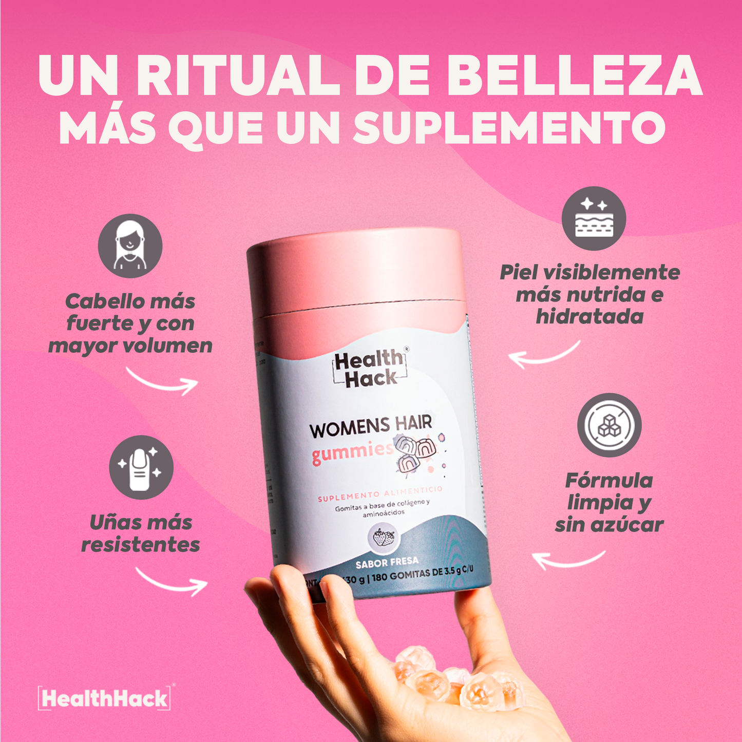 Womens Hair 180 o 60 Gomitas| Cabello, Piel y Uñas | Colageno Hidrolizado, NAC, MSM, L-Cisteina, Amla, Acido Hialuronico, Zinc