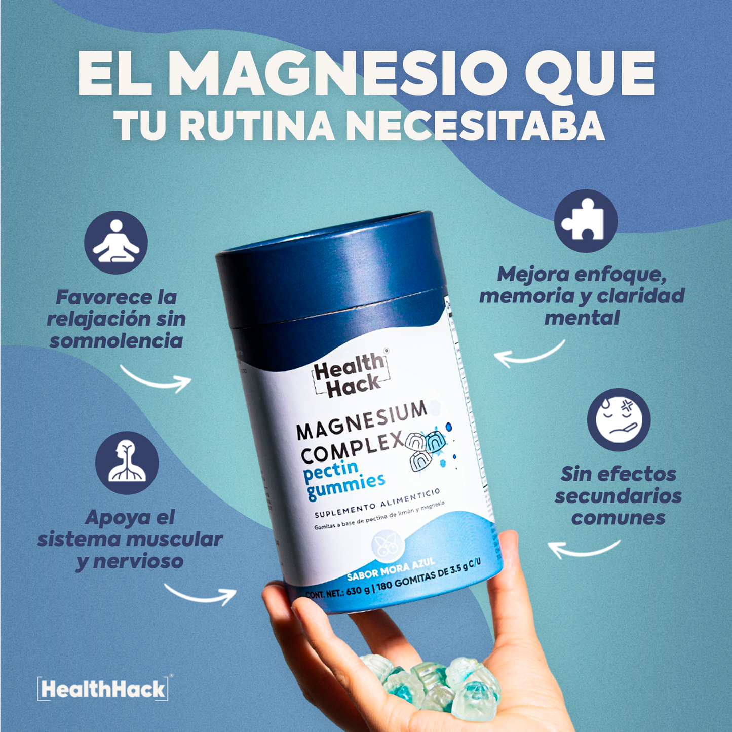 Magnesio Complex en Gomitas | 180 o 60 Gomitas | 6 Formas de Magnesio: Glicinato, Citrato, Treonato, Orotato, Malato y Lactato, Vitamina B6 y D3 | Sin Azúcar