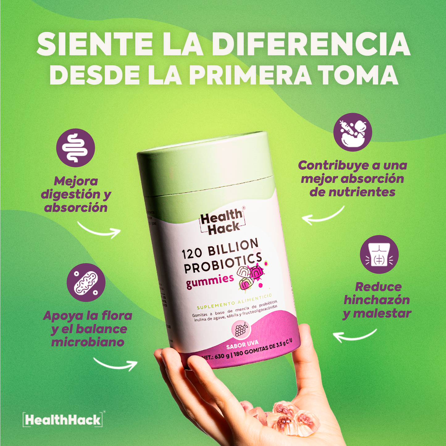 120 Billion Probioticos 14 Cepas | 180 Gomitas para 3 Meses | Con Inulina de Agave, Aloe Vera, Enzimas Digestivas y Prebioticos | Sin Azucar