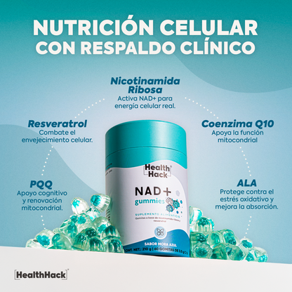 NAD+ Resveratrol 180 o 60 Gomitas | Nicotinamida Ribosa, Resveratrol, Coenzima Q10 y Más | Energia Celular y Longevidad