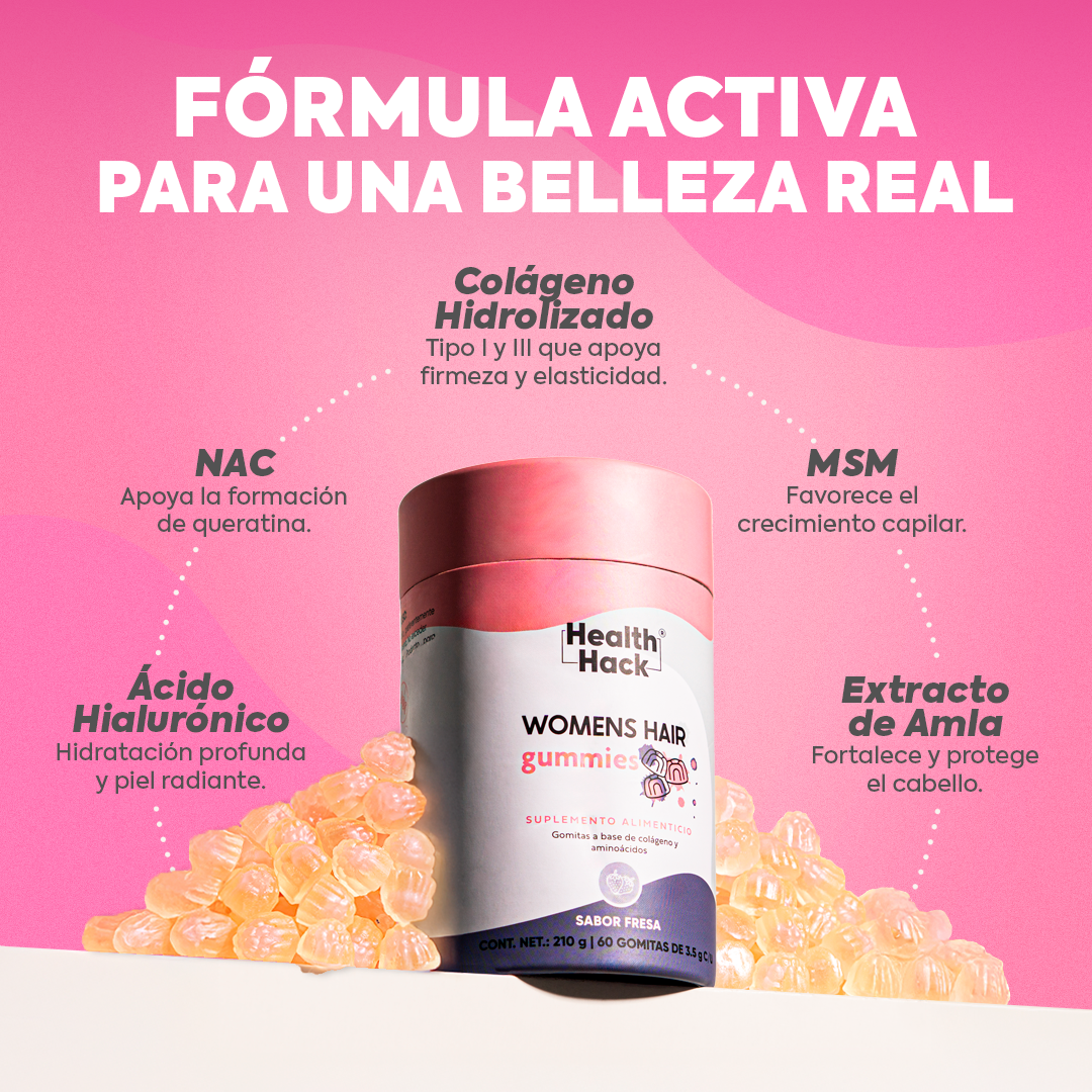 Womens Hair 180 o 60 Gomitas| Cabello, Piel y Uñas | Colageno Hidrolizado, NAC, MSM, L-Cisteina, Amla, Acido Hialuronico, Zinc