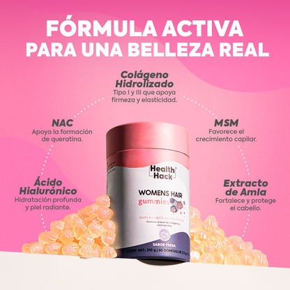 Womens Hair 180 o 60 Gomitas| Cabello, Piel y Uñas | Colageno Hidrolizado, NAC, MSM, L-Cisteina, Amla, Acido Hialuronico, Zinc
