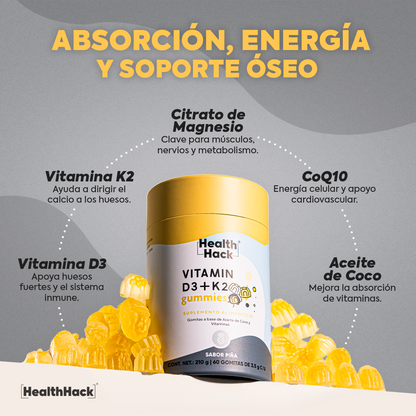 Vitamina D3 400 UI + K2 Aceite de Coco | 180 Gomitas Veganas para 3 Meses | Con Citrato de Magnesio, Coenzima Q10 y Vitaminas Liposolubles