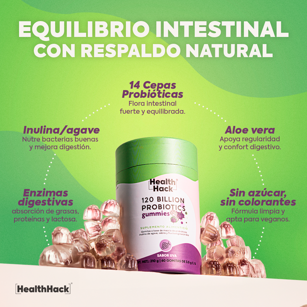 120 Billion Probioticos 14 Cepas | 180 Gomitas para 3 Meses | Con Inulina de Agave, Aloe Vera, Enzimas Digestivas y Prebioticos | Sin Azucar