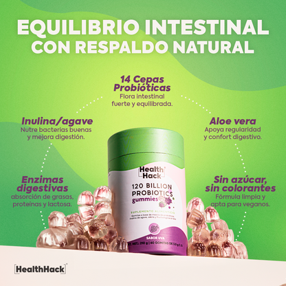 120 Billion Probioticos 14 Cepas | 180 Gomitas para 3 Meses | Con Inulina de Agave, Aloe Vera, Enzimas Digestivas y Prebioticos | Sin Azucar