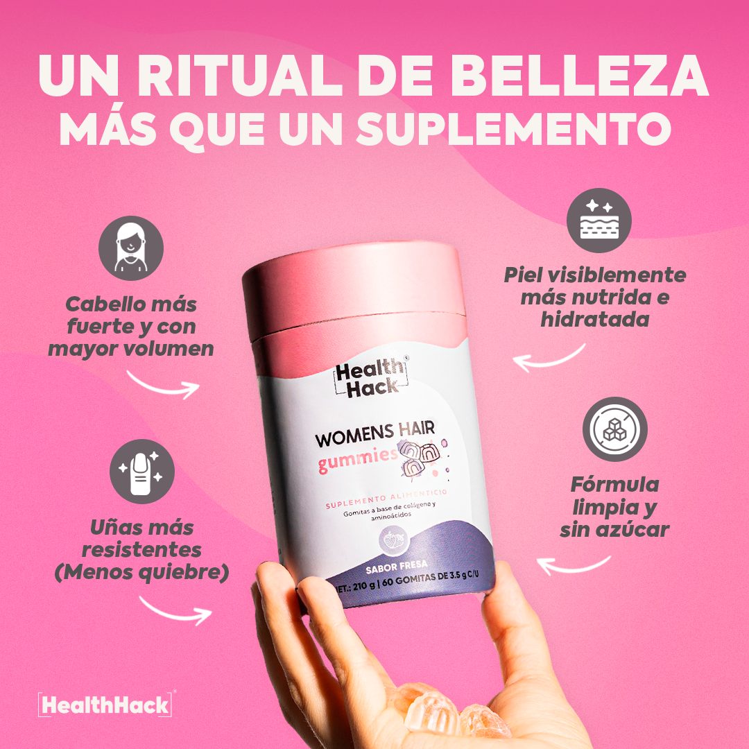 Womens Hair 180 o 60 Gomitas| Cabello, Piel y Uñas | Colageno Hidrolizado, NAC, MSM, L-Cisteina, Amla, Acido Hialuronico, Zinc